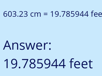 603.23 centimeters = 19.785944 feet answer
